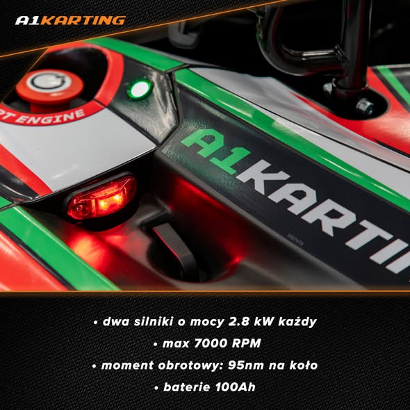 Gokart elektryczny na torze gokartowym A1 Karting, wyposażony w dwa silniki i moc 2,8 kW,  z pasami bezpieczeństwa i wygodnym fotelem