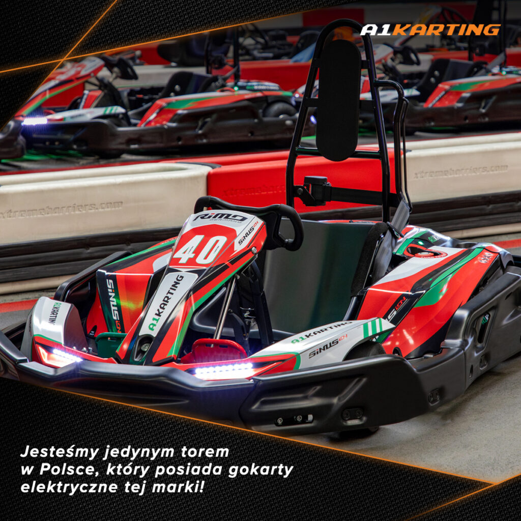 Nowoczesne gokarty elektryczne na torze kartingowym A1 Karting w hali, przygotowane w jednej flocie do bezpiecznej jazdy dzieci i dorosłych