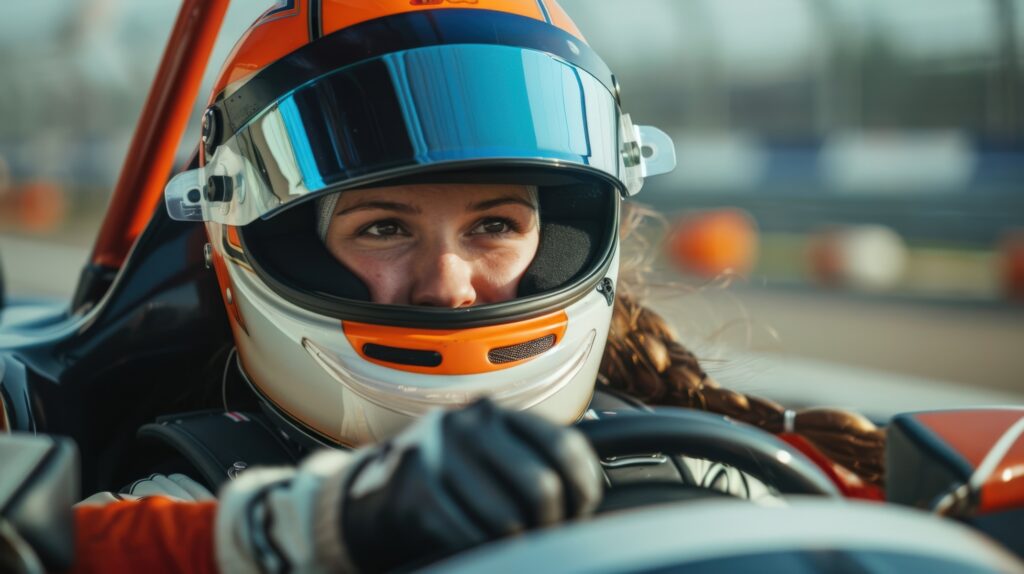 Uśmiechnięta kobieta w kasku wyścigowym trzymająca kierownicę gokarta na torze A1Karting – idealny pomysł na Dzień Kobiet pełen adrenaliny.